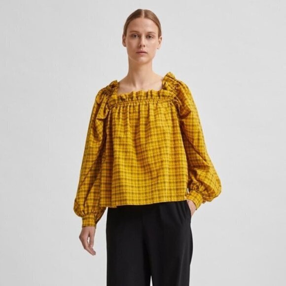 SELECTED Femme | Nwt Yellow Plaid Blouse - Picture 2 of 13